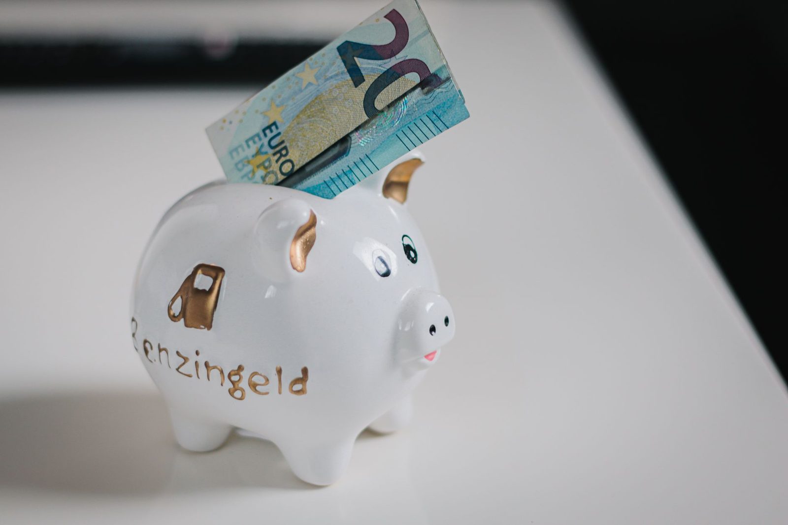 A white piggy bank with a 20 euro note in its slot, on a page about GmbH share capital